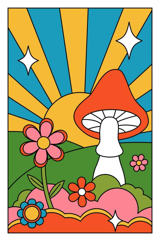 jaren 70, 90s groovy affiches, retro afdrukken met hippie elementen. tekenfilm psychedelisch landschap met champignons en bloemen, wijnoogst funky afdrukken. vector illustratie.