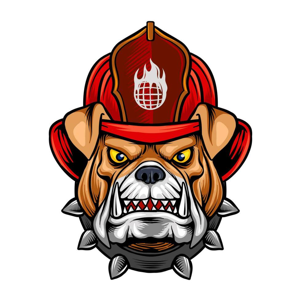 vector illustratie van een bulldog hoofd vervelend een heroïsch brandweerman hoed