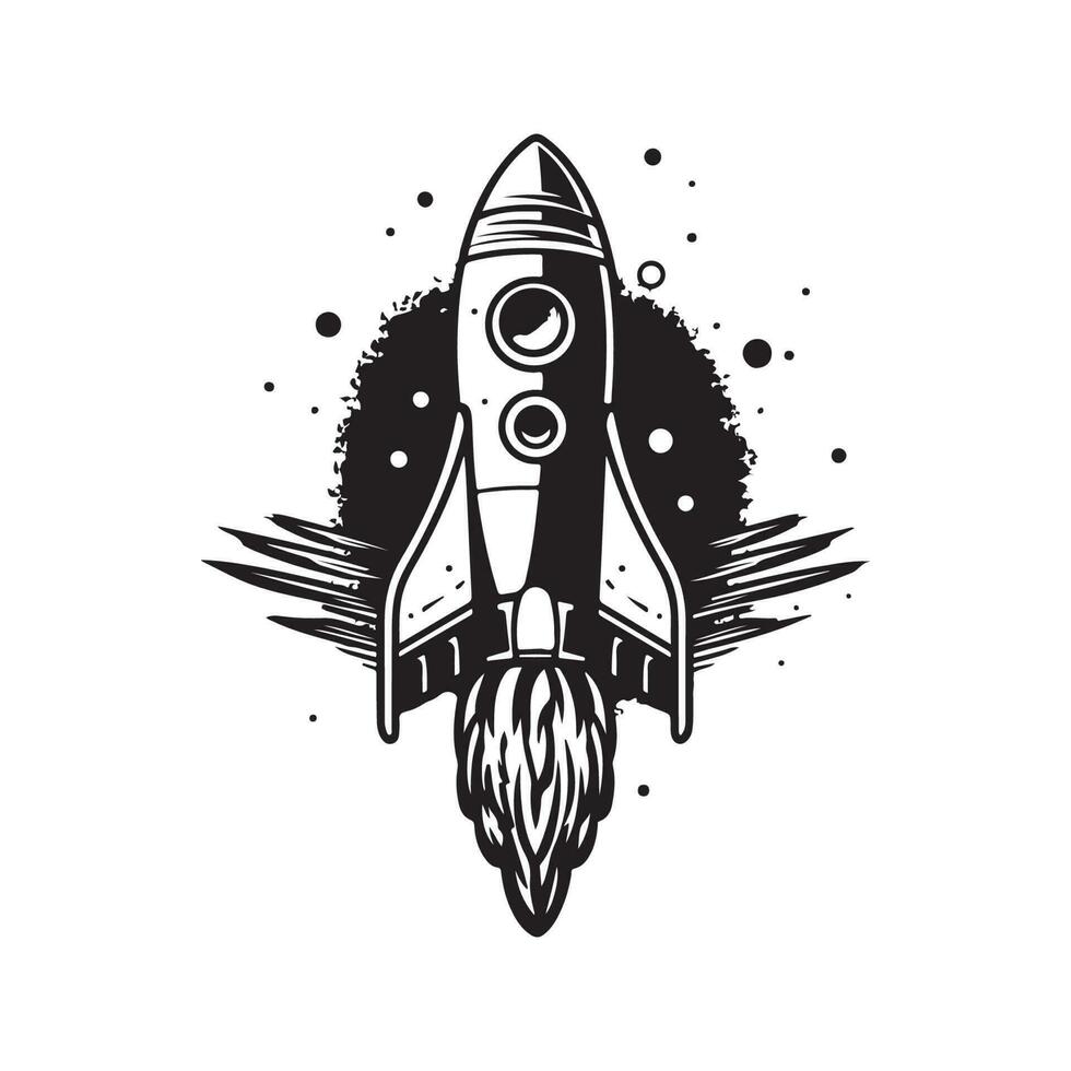 raket vliegend omhoog, wijnoogst logo lijn kunst concept zwart en wit kleur, hand- getrokken illustratie vector