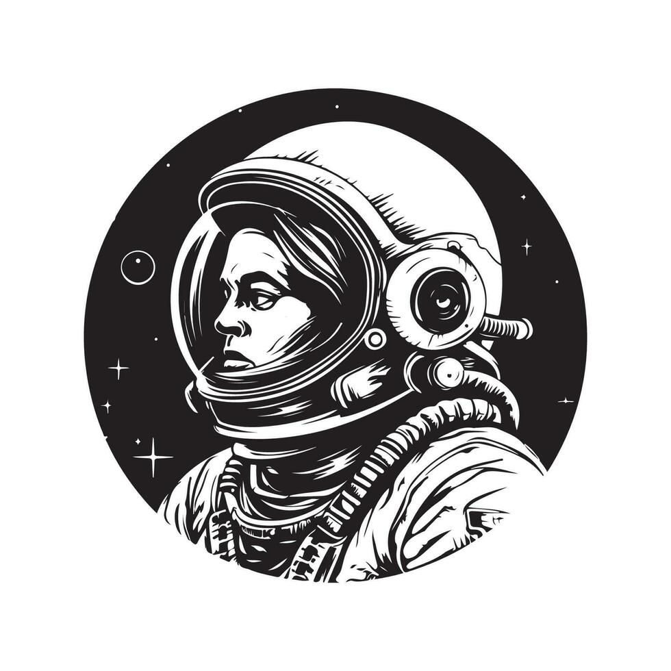 futuristische astronaut, wijnoogst logo lijn kunst concept zwart en wit kleur, hand- getrokken illustratie vector