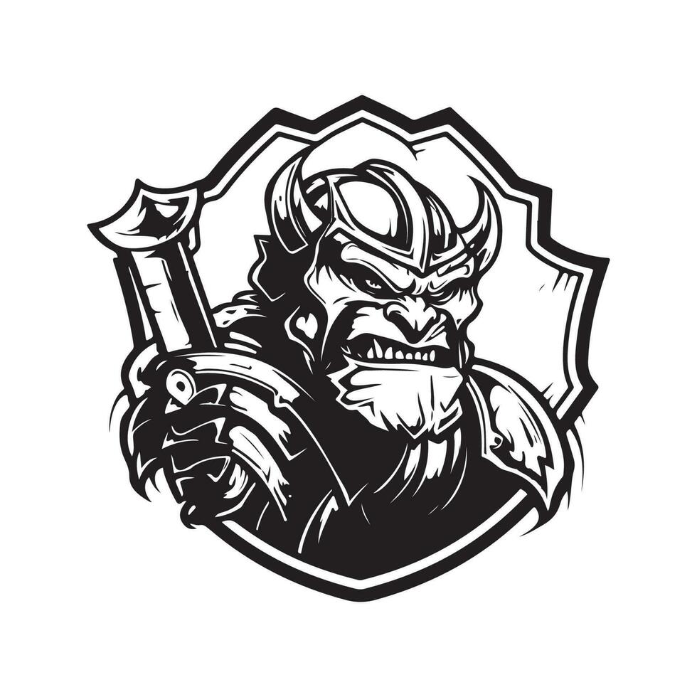 orc ridder, wijnoogst logo lijn kunst concept zwart en wit kleur, hand- getrokken illustratie vector