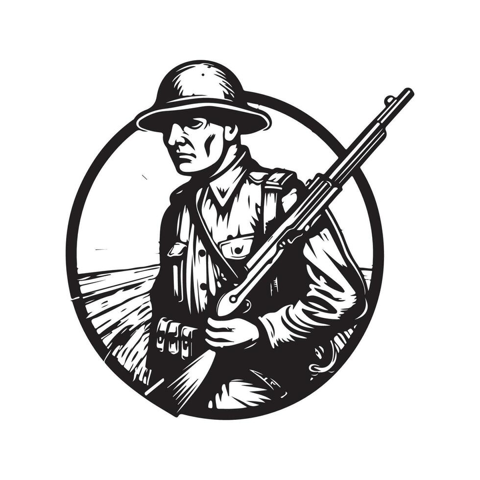 infanterist met wapen, wijnoogst logo lijn kunst concept zwart en wit kleur, hand- getrokken illustratie vector