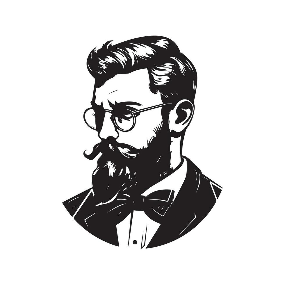 Mens baard vervelend pak, wijnoogst logo lijn kunst concept zwart en wit kleur, hand- getrokken illustratie vector