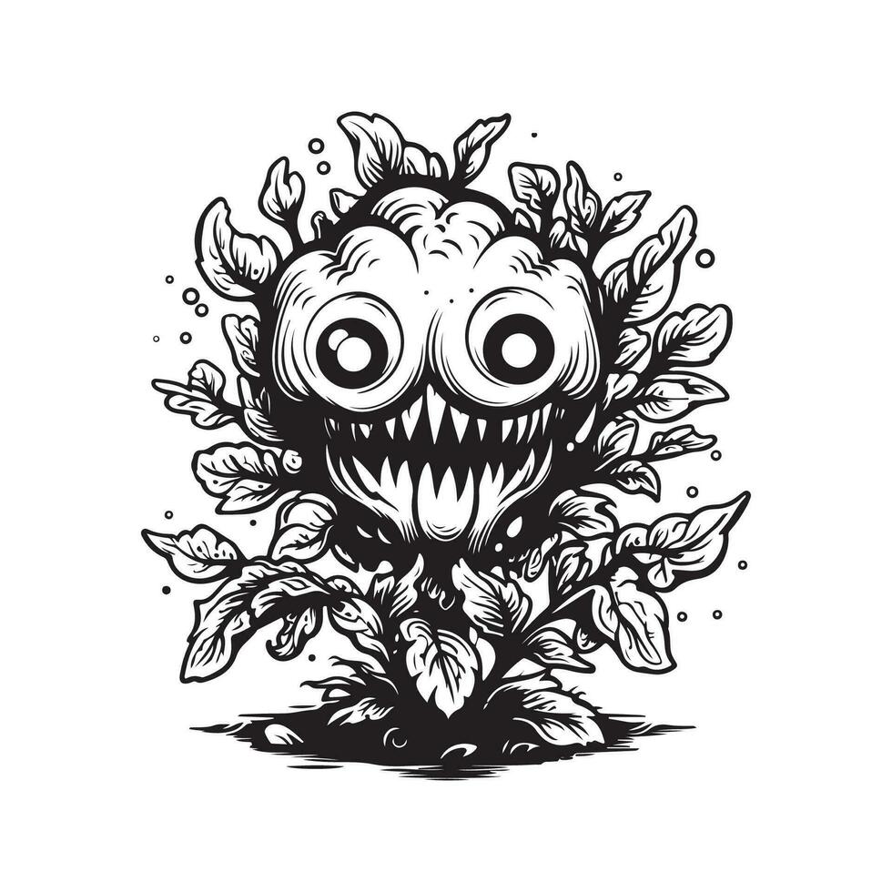 monster plant, wijnoogst logo lijn kunst concept zwart en wit kleur, hand- getrokken illustratie vector
