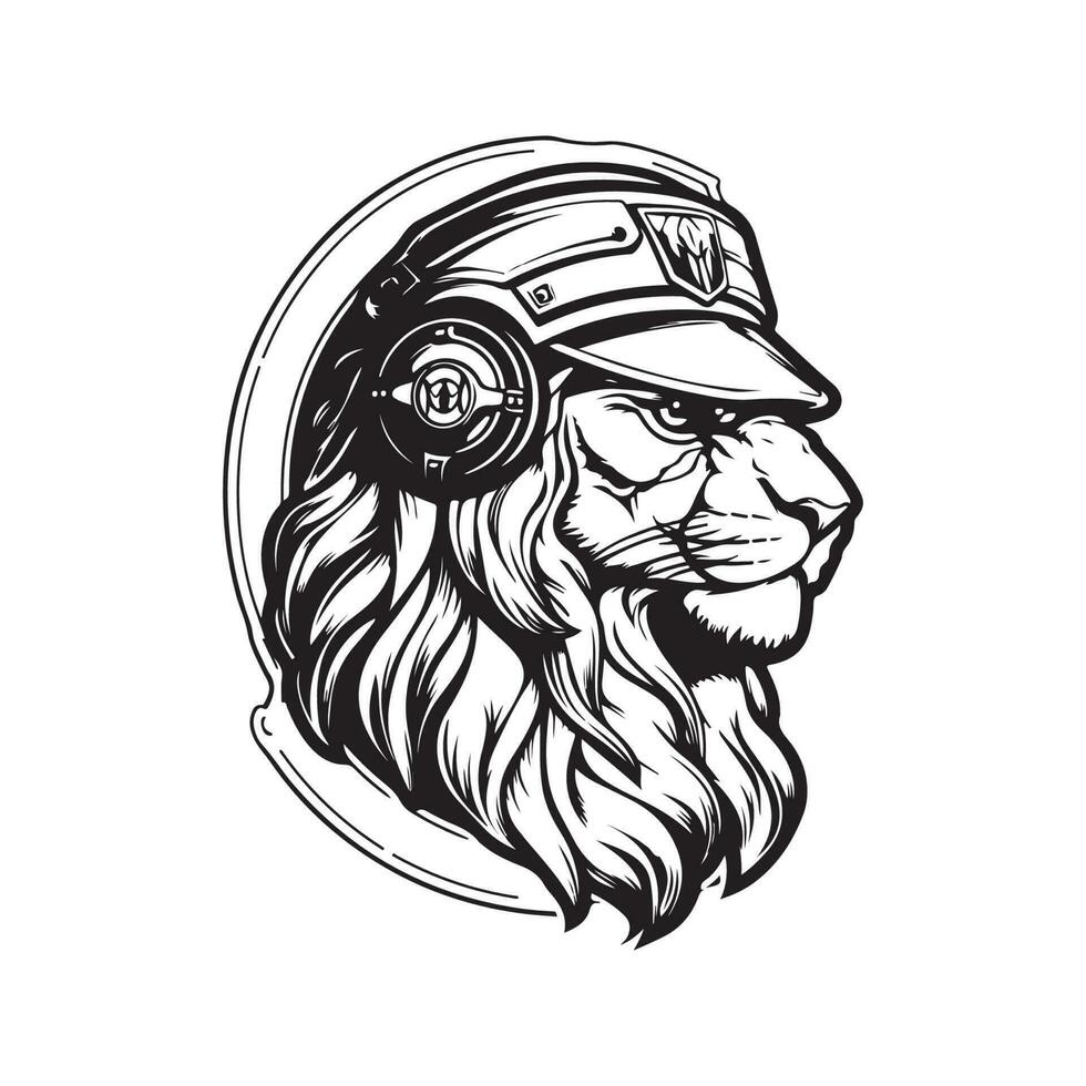 futuristische leeuw soldaat, wijnoogst logo lijn kunst concept zwart en wit kleur, hand- getrokken illustratie vector