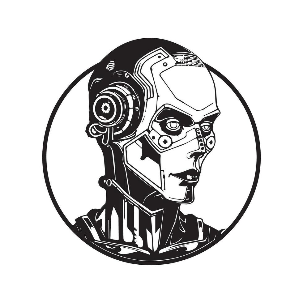 humanoid cyborg, wijnoogst logo lijn kunst concept zwart en wit kleur, hand- getrokken illustratie vector