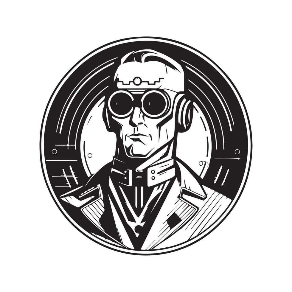 hoog tech futuristische Mens, wijnoogst logo lijn kunst concept zwart en wit kleur, hand- getrokken illustratie vector