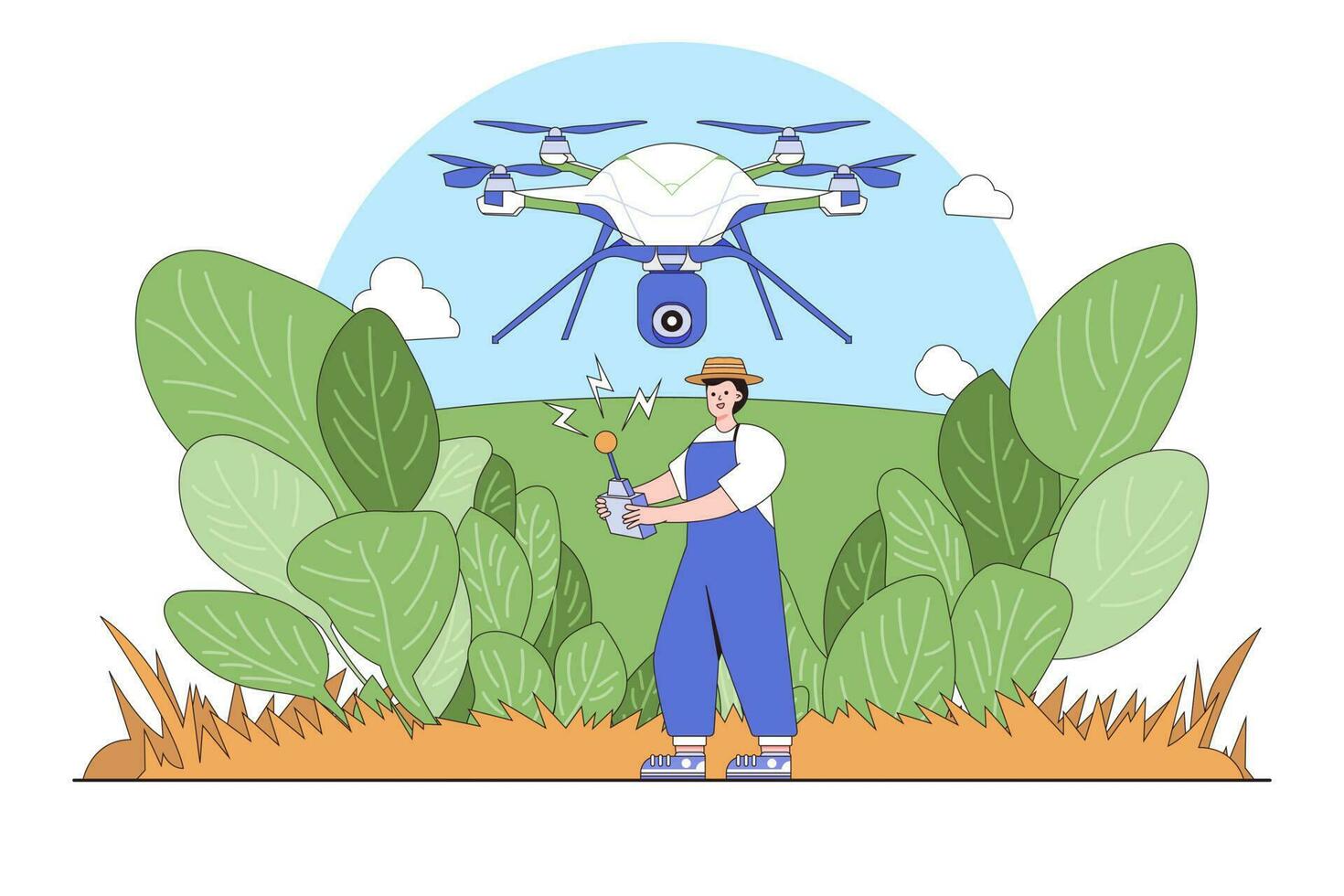 slim landbouw en agrarisch technologie concept met een persoon in werking een dar voor Bijsnijden toezicht houden vector