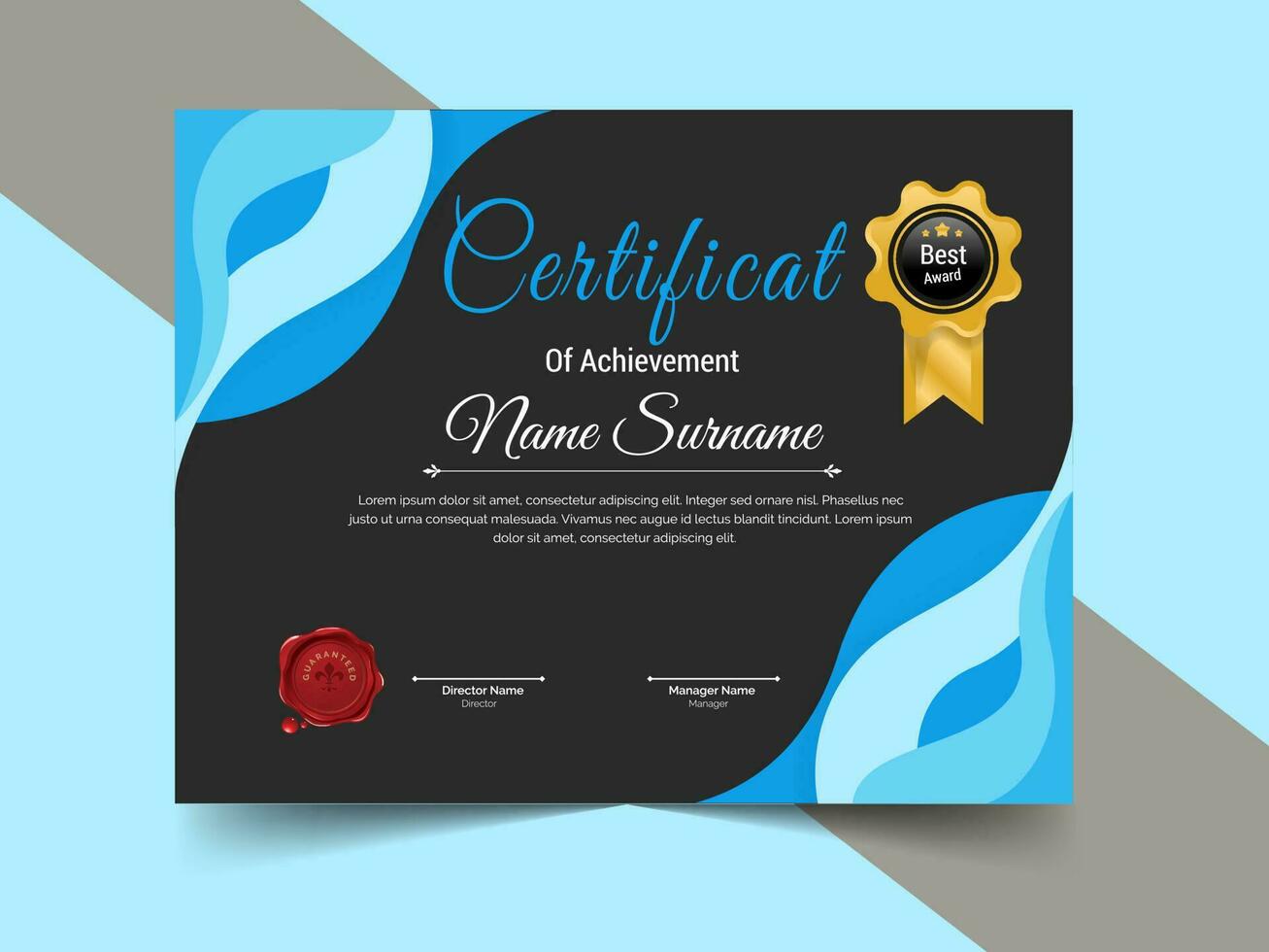 creatief certificaat van prestatie sjabloon ontwerp. luxe elegant blauw en goud diploma, zakelijke opleiding certificaat ontwerp vector