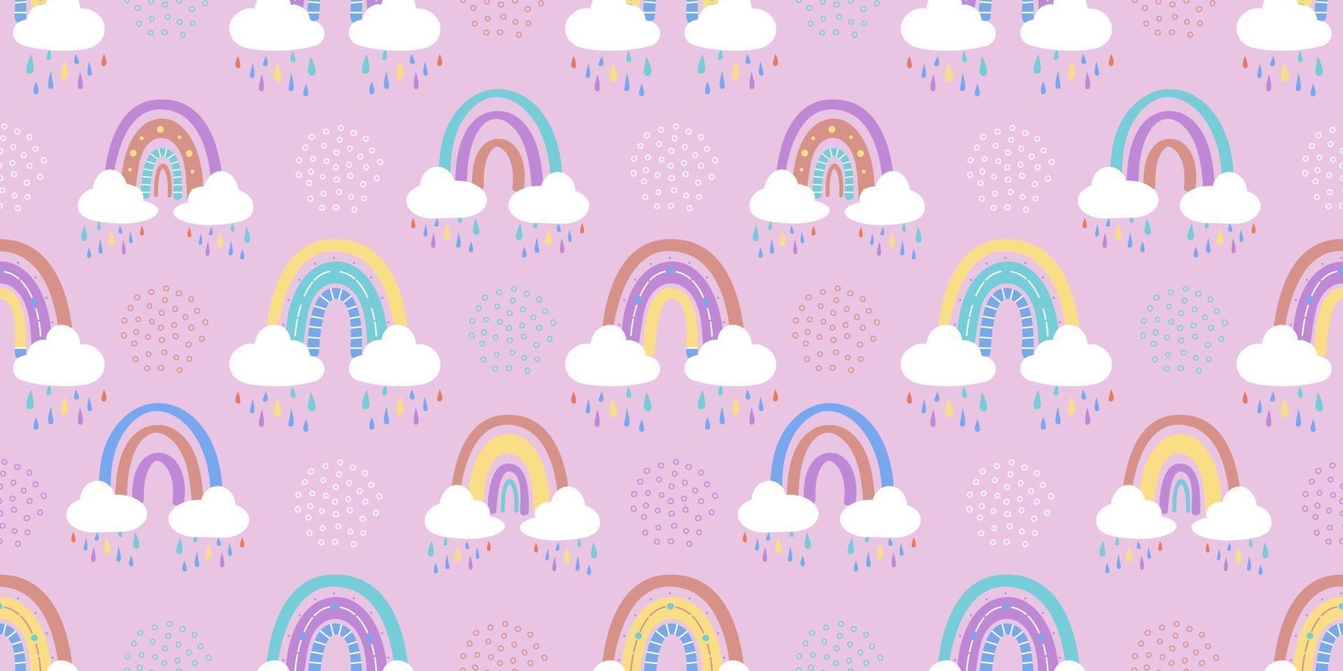 abstracte regenboog met wolken en regendruppels, doodles en cirkels in een naadloos patroon. kinderpatroon in gedempte pastelkleuren. handgetekende vectorillustratie. ontwerp voor textiel, verpakking vector