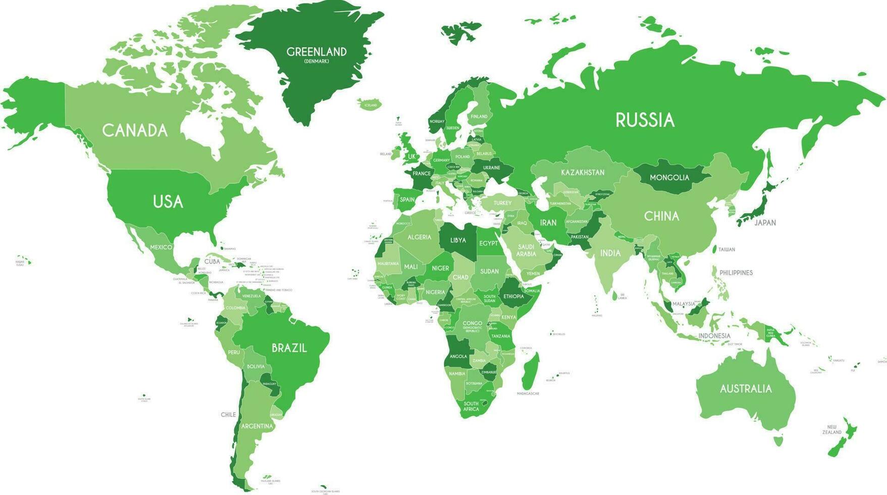 politiek wereld kaart vector illustratie met verschillend tonen van groen voor elk land. bewerkbare en duidelijk gelabeld lagen.
