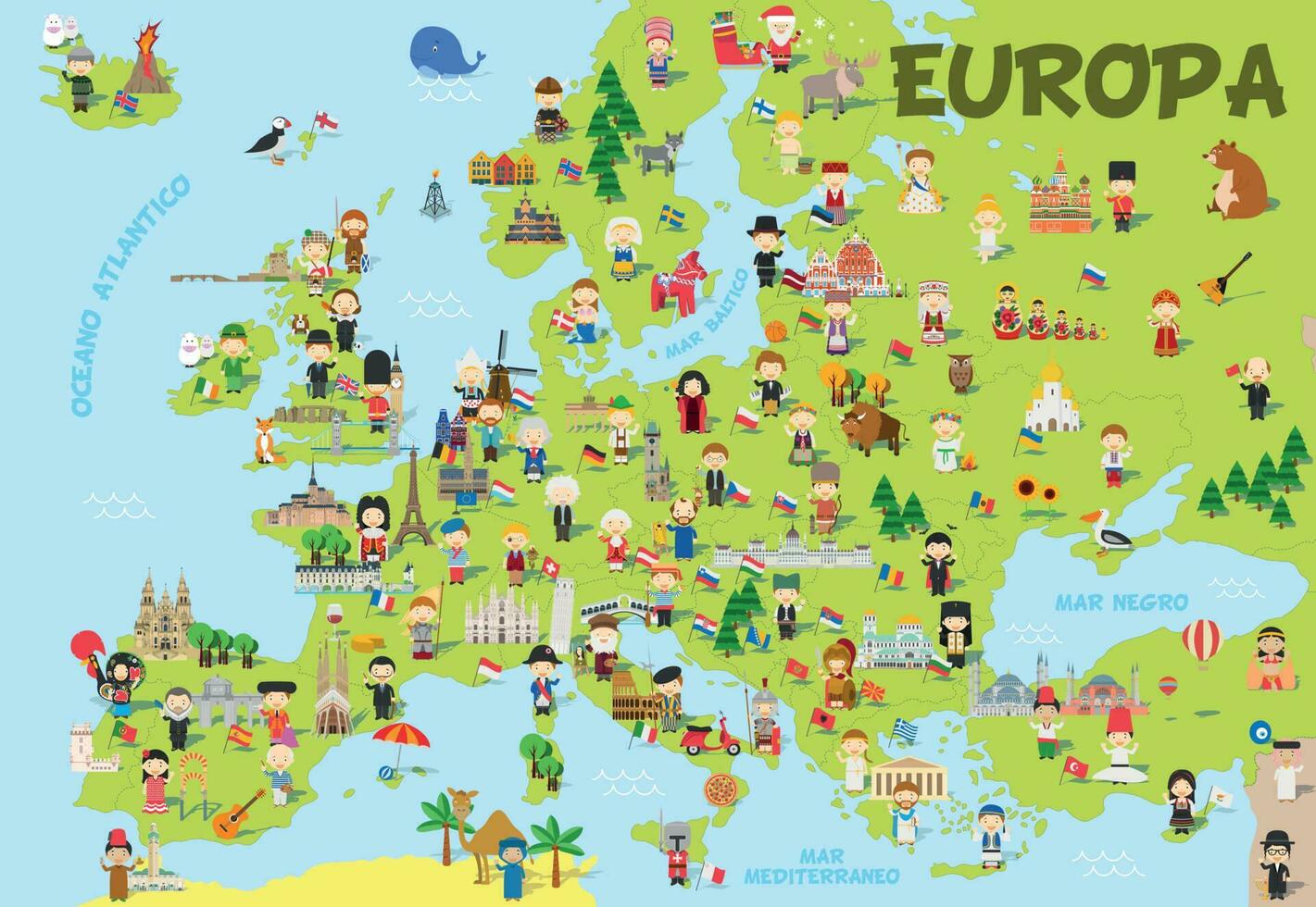 grappig tekenfilm kaart van Europa in Spaans met kinderen van verschillend nationaliteiten, monumenten, dieren en voorwerpen van allemaal de landen. vector illustratie voor peuter- onderwijs en kinderen ontwerp.