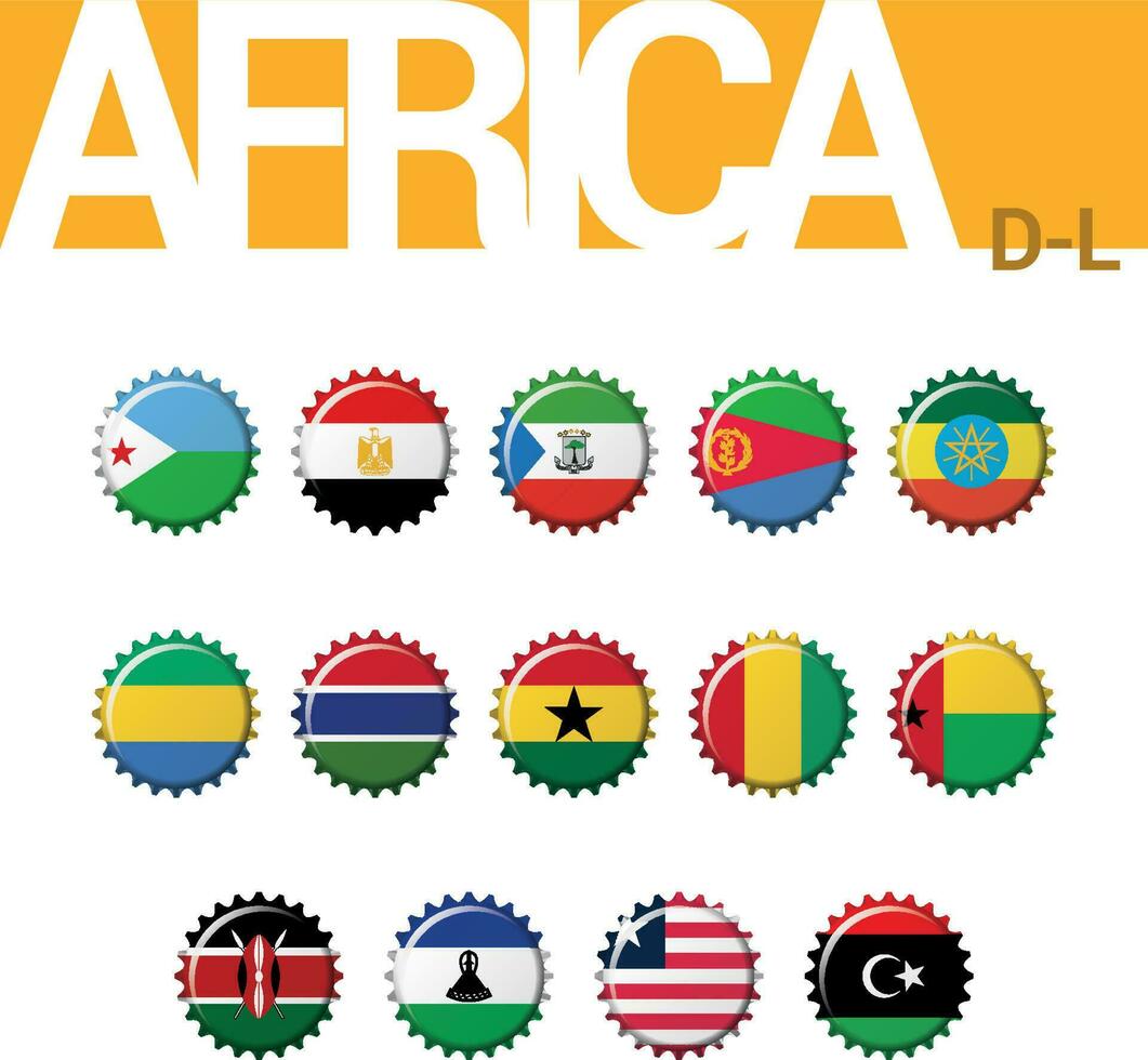 reeks van 14 flesdop vlaggen van Afrika. reeks 2 van 4. vector illustratie. Djibouti, Egypte, vgl. Guinea, eritrea, Ethiopië, Gabon, Gambia, Ghana, Guinea, Guinea Bissau, Kenia, Lesotho, Liberia, Libië.