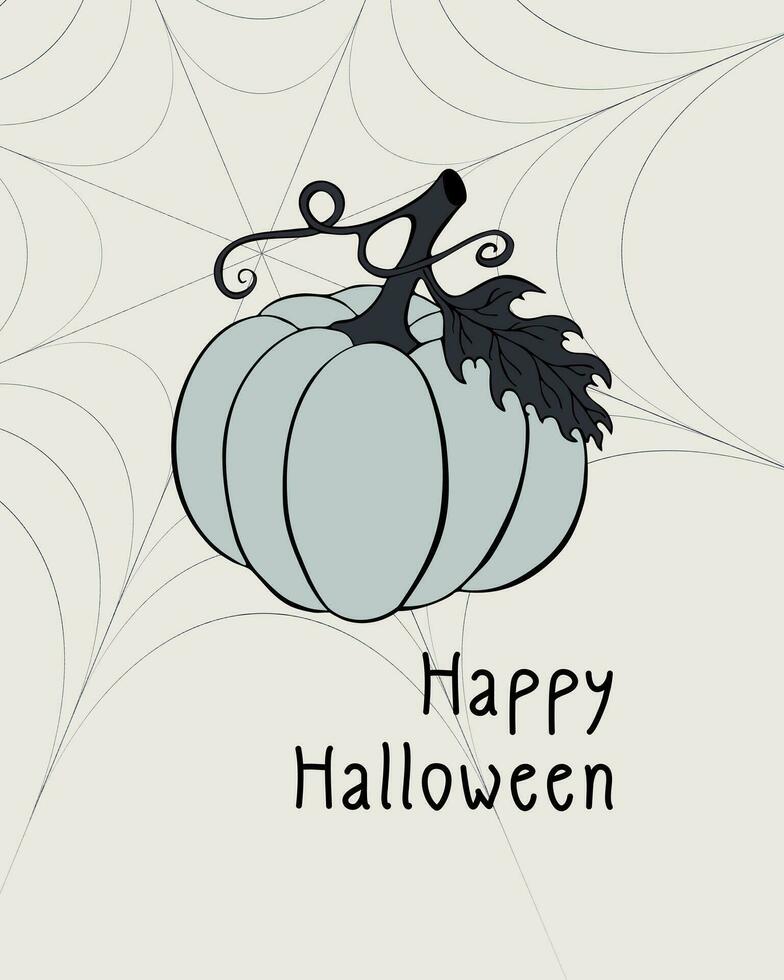 gelukkig halloween kaart met blauw pastel pompoen en spin web. vector