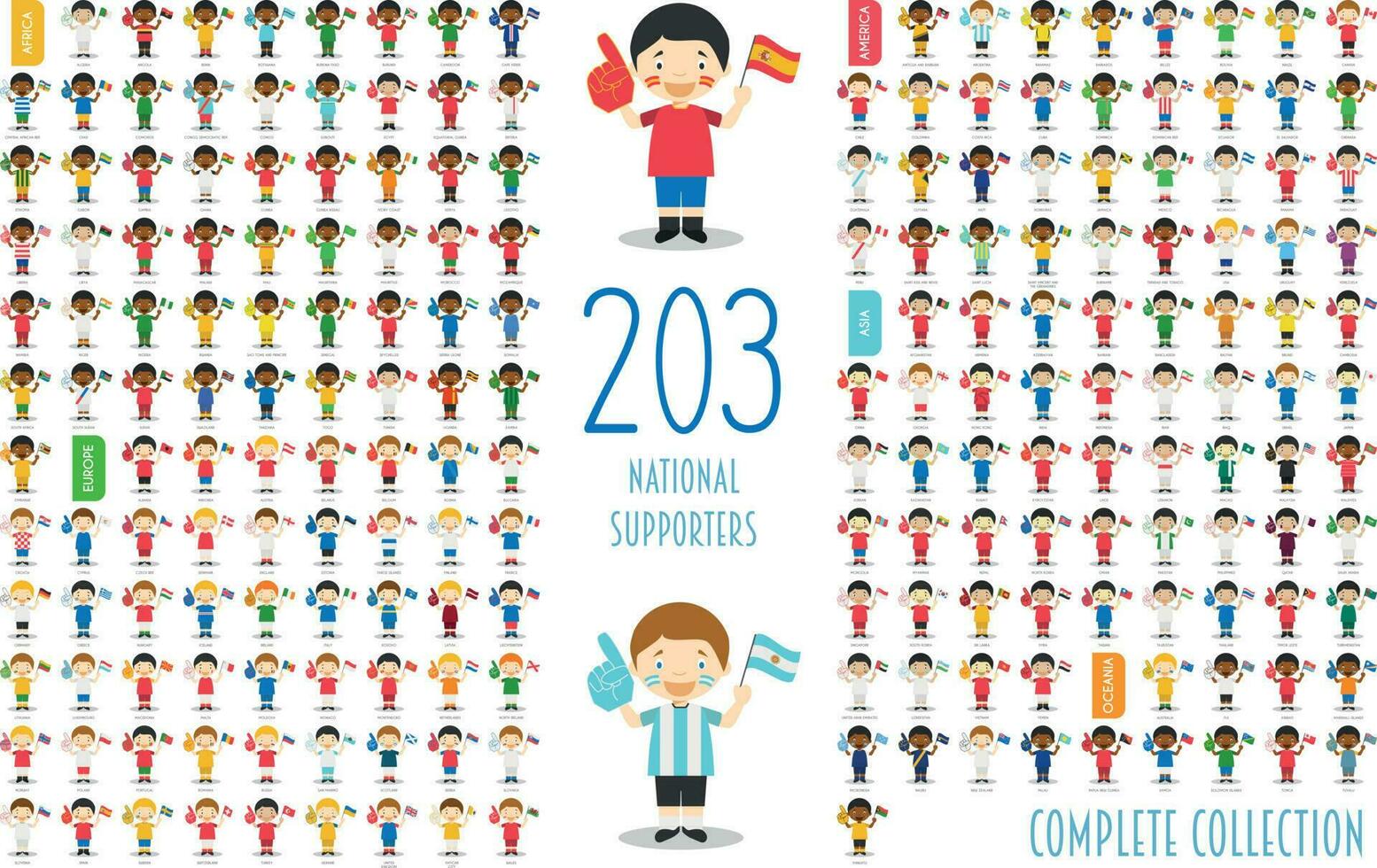 reeks van 203 nationaal sport team supporters van allemaal over- de wereld vector illustratie