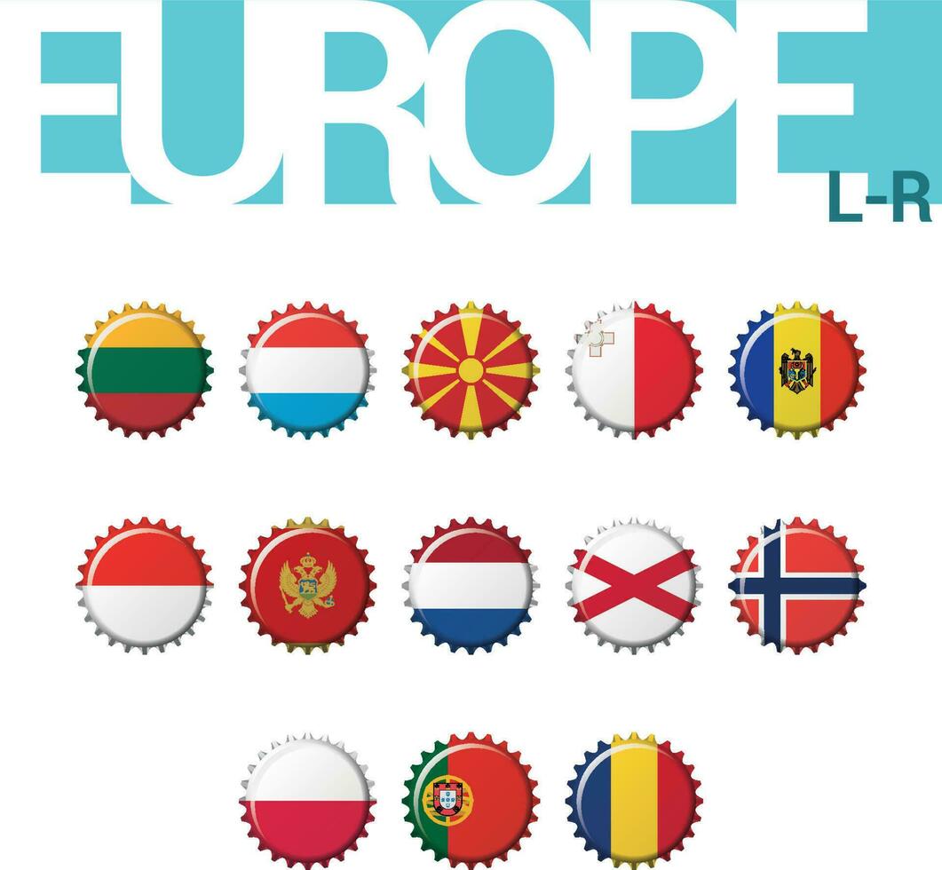 reeks van 13 flesdop vlaggen van Europa. reeks 3 van 4. vector illustratie. Litouwen, luxemburg, Macedonië, Malta, Moldavië, Monaco, Montenegro, nederland, n. Ierland, Noorwegen, Polen, Portugal, Roemenië.