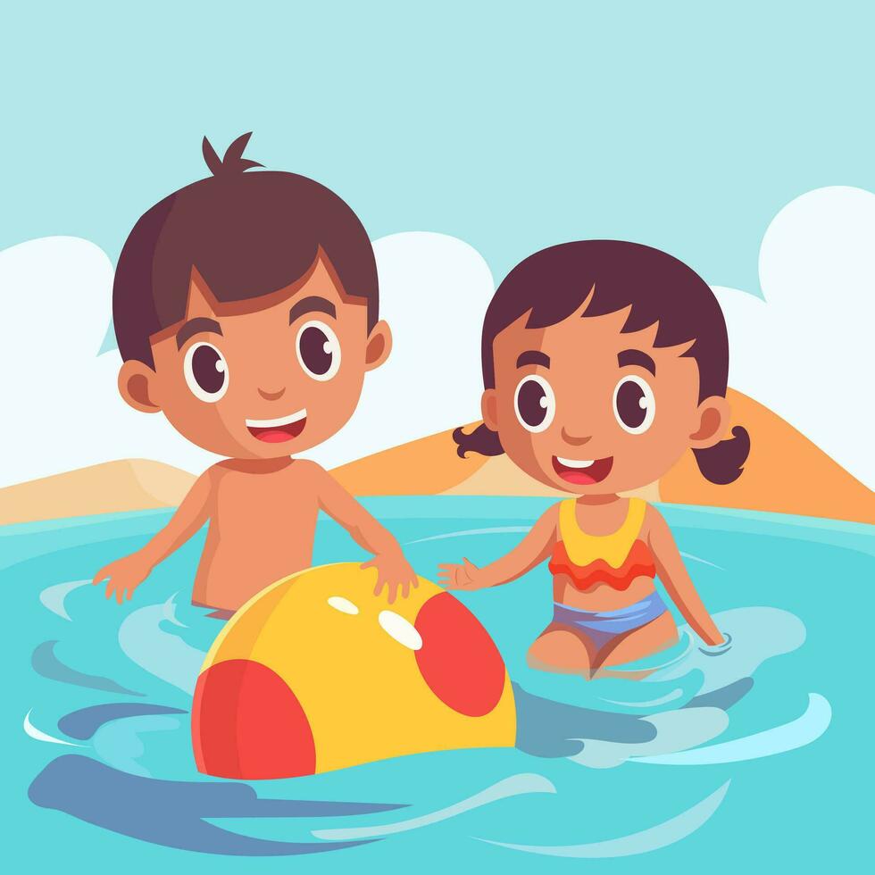 gelukkig jongen en meisje karakter spelen bal in water voor zwembad partij in zomer vakantie. vector