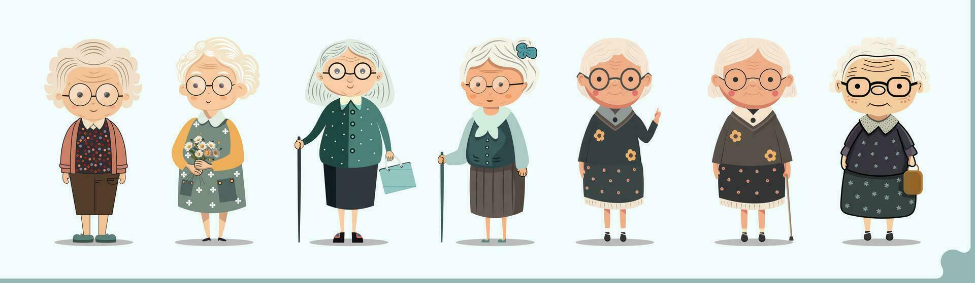 reeks van ouderen Dames karakter vervelend bril in staand positie. vector