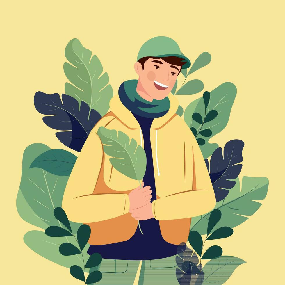 portret van gelukkig jong Mens karakter vervelend groen pet in bladeren achtergrond. vector