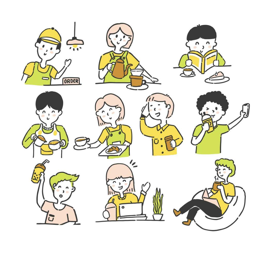 reeks verzameling schattig Kawai hand- getrokken mensen in cafe illustratie vector