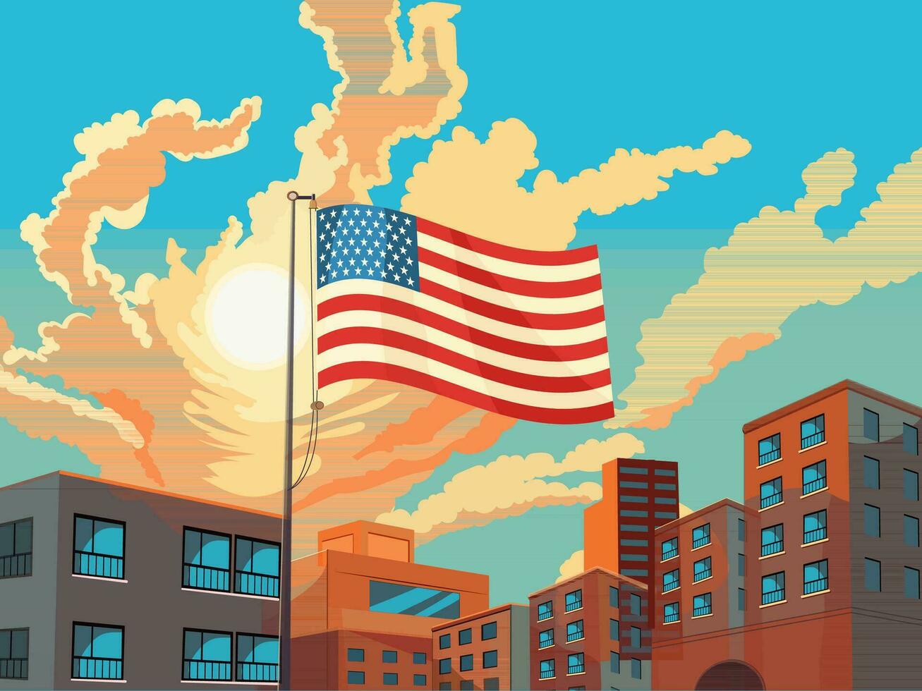 Amerikaans vlag golvend met wolkenkrabber gebouw van de stad in helder zon lucht blauw en oranje achtergrond. Verenigde Staten van Amerika nationaal festival viering poster ontwerp. vector