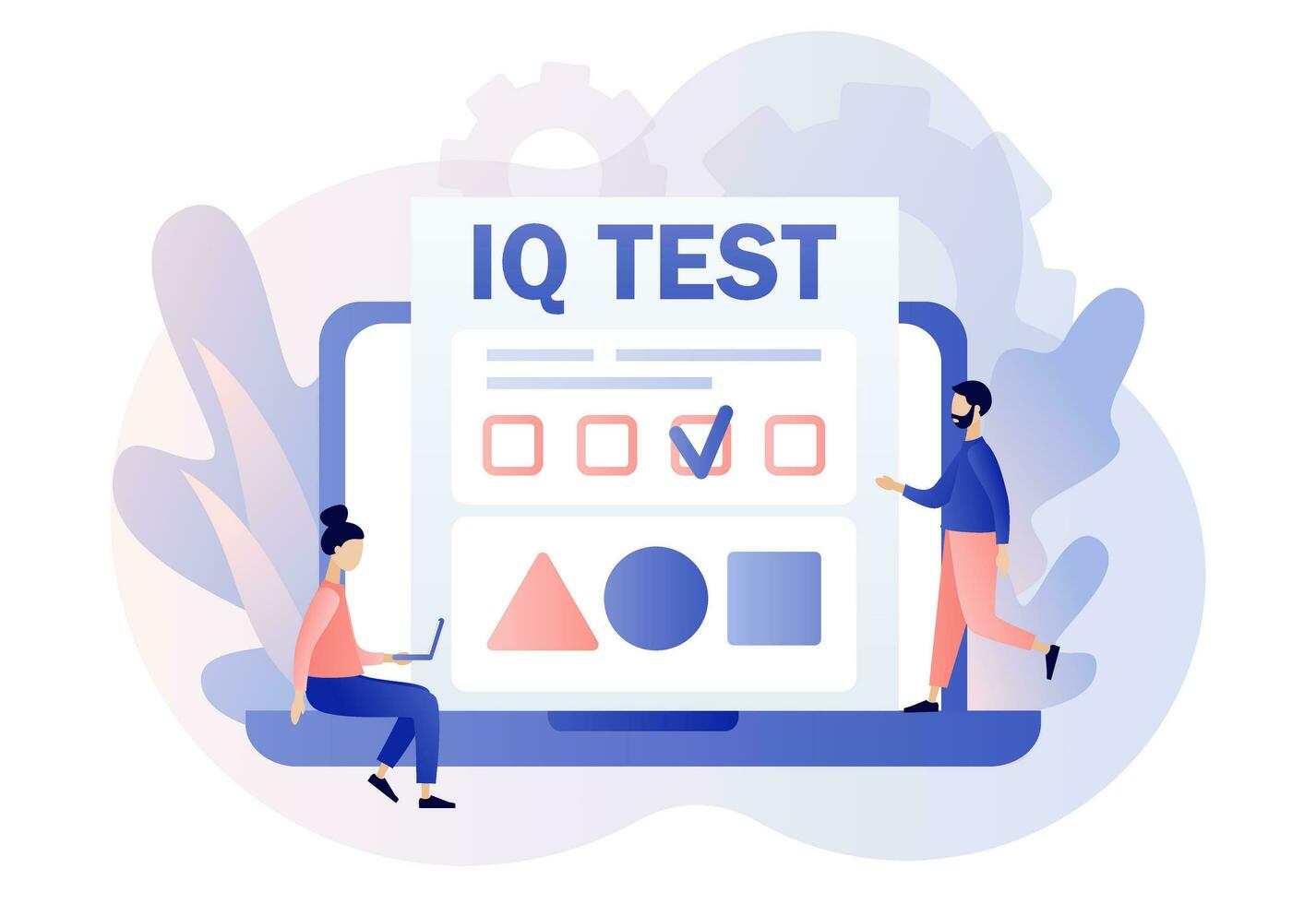 iq testen. intelligentie- quotiënt. klein vrouw bepalen cognitief capaciteiten. modern vlak tekenfilm stijl. vector illustratie Aan wit achtergrond