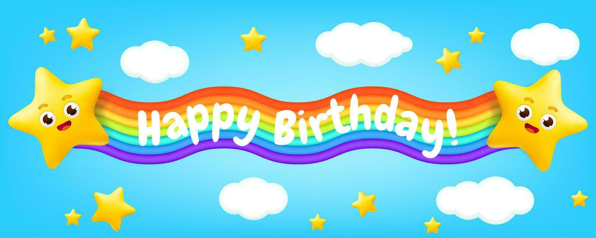 3d vector illustratie van een schattig tekenfilm regenboog kader vliegend door een pastel blauw lucht met sterren, wolken. regenboog vlag. perfect voor kinderen ontwerpen, verjaardag spandoeken, en partij uitnodigingen.