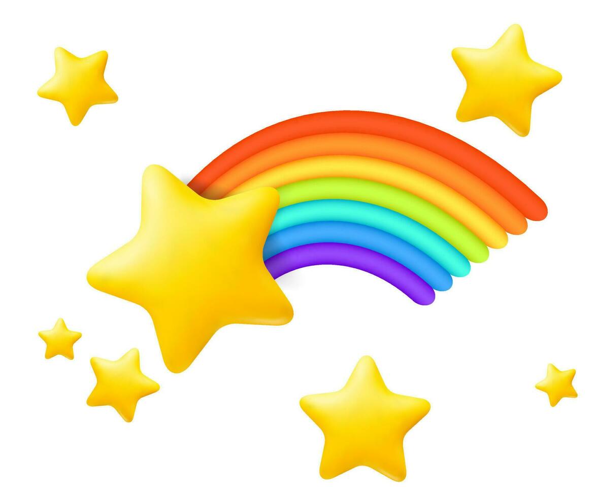 een schattig 3d vector illustratie van een 3d realistisch ster ballonnen met een tekenfilm vallend ster met regenboog spoor, perfect voor vieren verjaardagen, baby douches. geïsoleerd stickers voor decoraties
