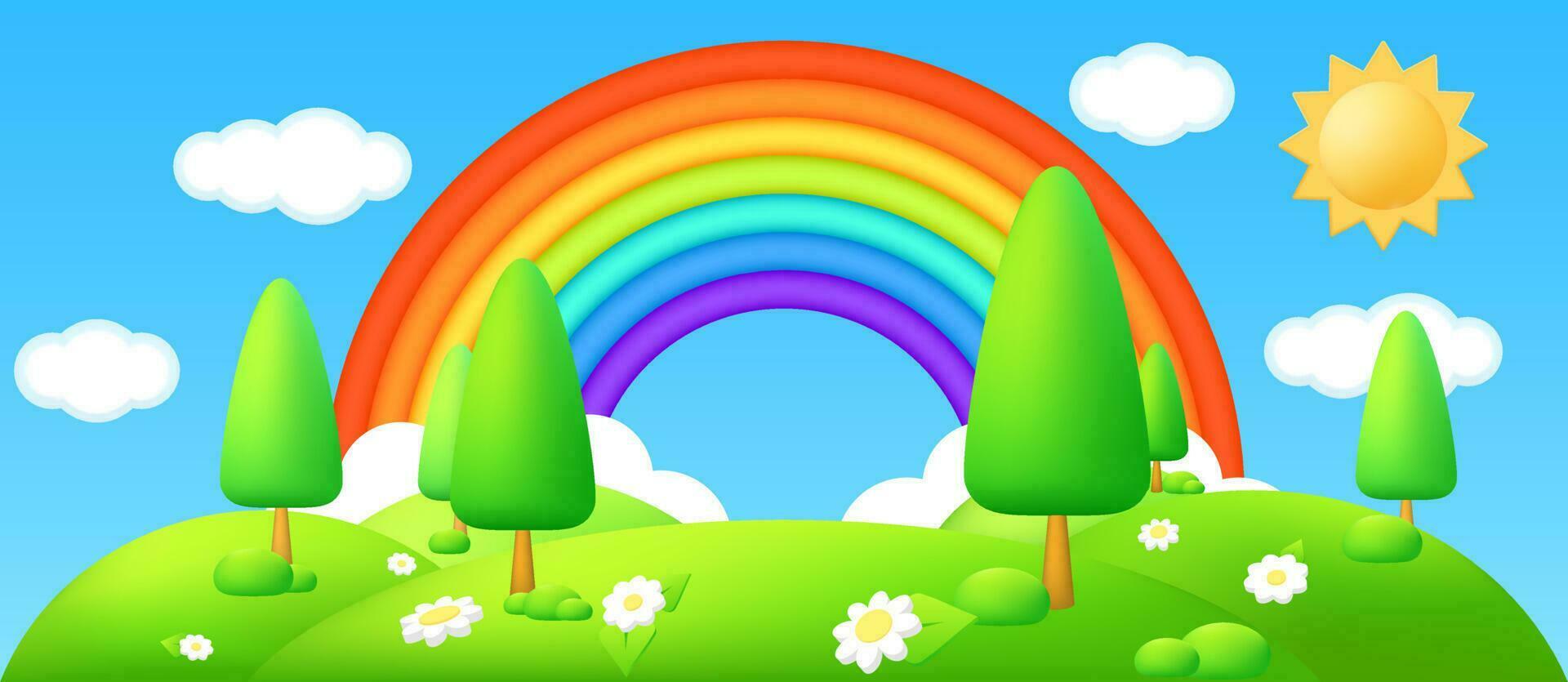3d plastic vector illustratie van een mooi platteland landschap met groen heuvels, zon, bloemen, en een regenboog in de lucht. perfect voor kinderen ontwerpen, spandoeken, en Sjablonen. tekenfilm weide.