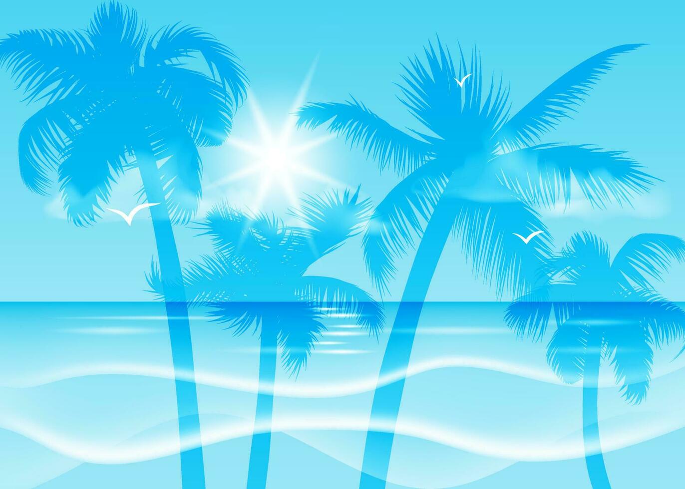 een vector illustratie van een mooi tropisch strand met palm bomen en een zonsopkomst, perfect voor zomer achtergronden, spandoeken, flyers, affiches, en meer. ideaal voor zomer vakantie, exotisch reist