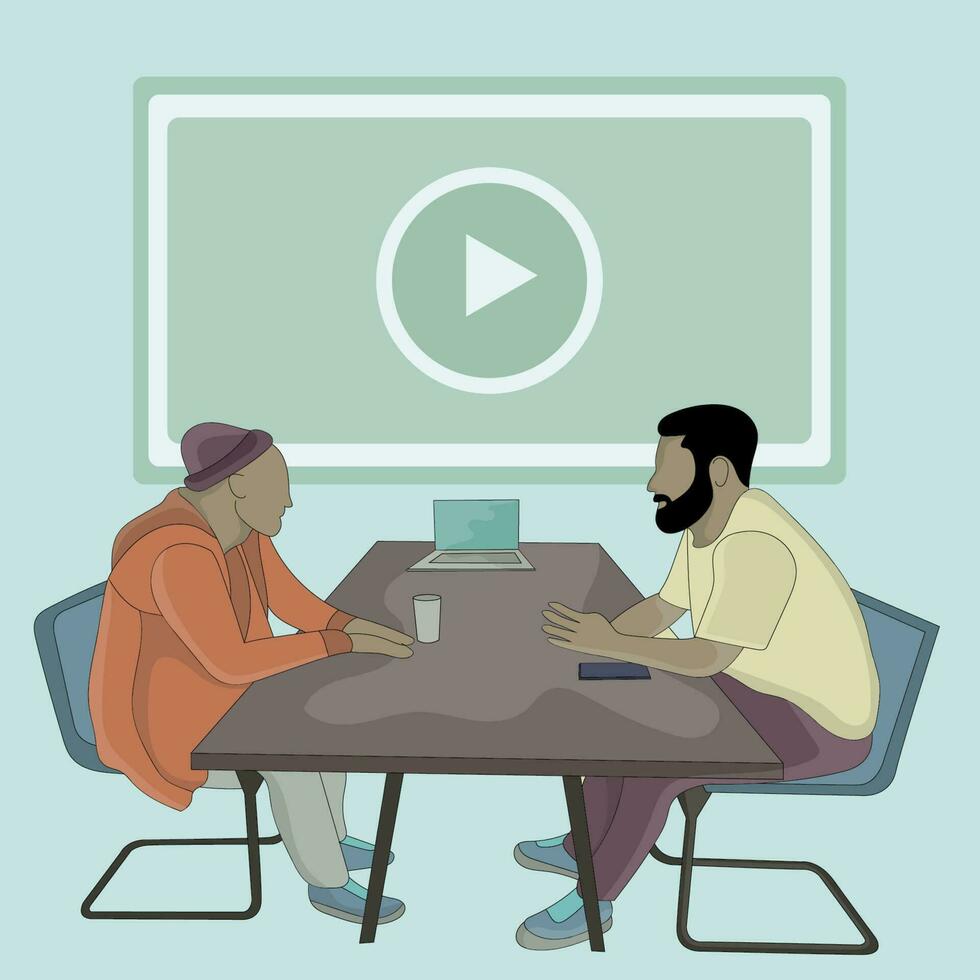vector twee mannen bespreken in conferentie kamer vlak ontwerp