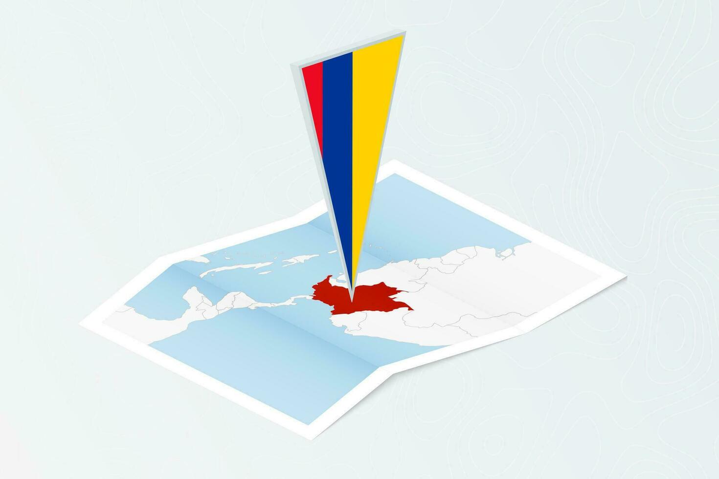 isometrische papier kaart van Colombia met driehoekig vlag van Colombia in isometrische stijl. kaart Aan topografisch achtergrond. vector