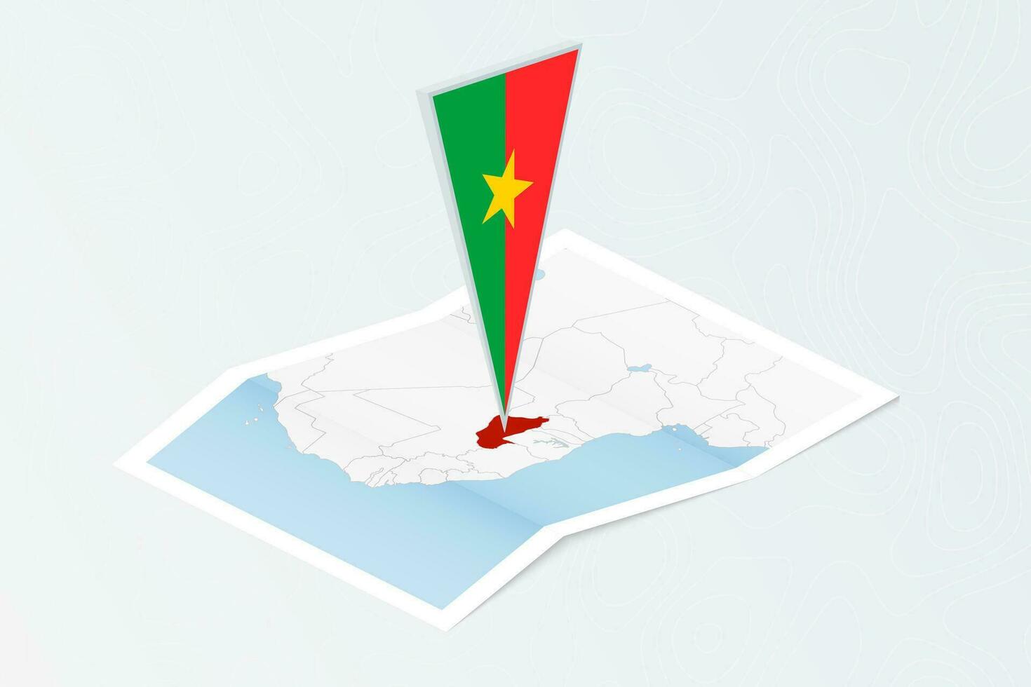 isometrische papier kaart van Burkina faso met driehoekig vlag van Burkina faso in isometrische stijl. kaart Aan topografisch achtergrond. vector