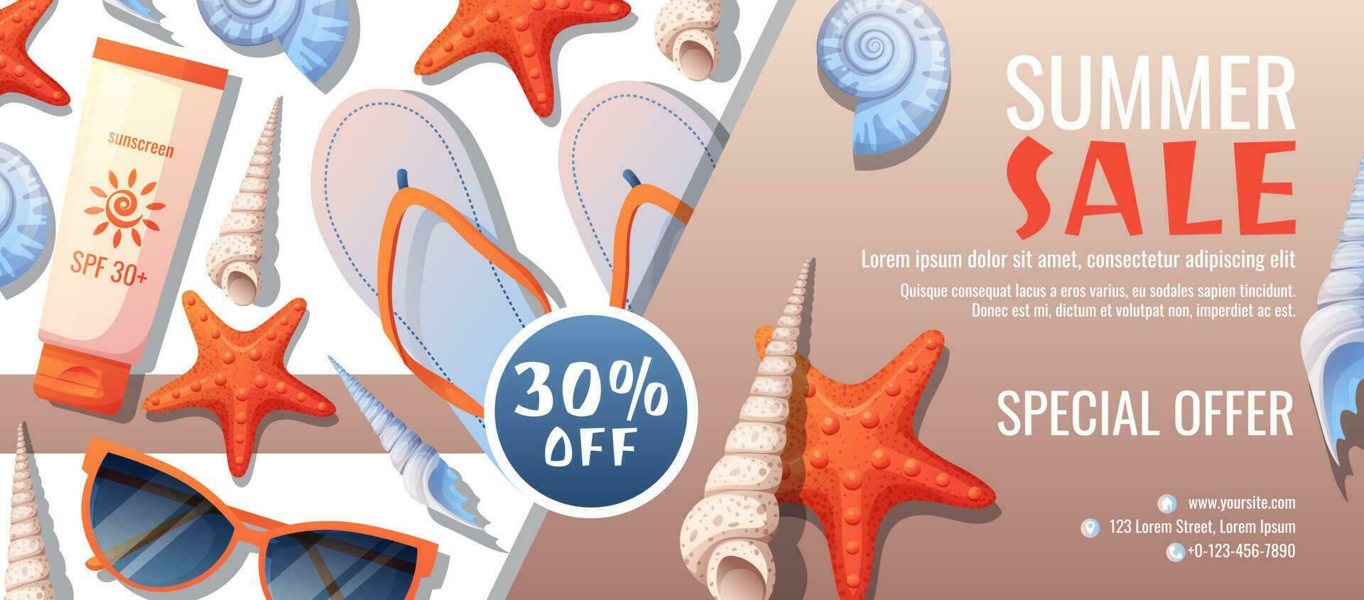 zomer banier met strand accessoires. korting coupon, speciaal zomer bieden. achtergrond, folder met schelpen, tas, zonnescherm vector