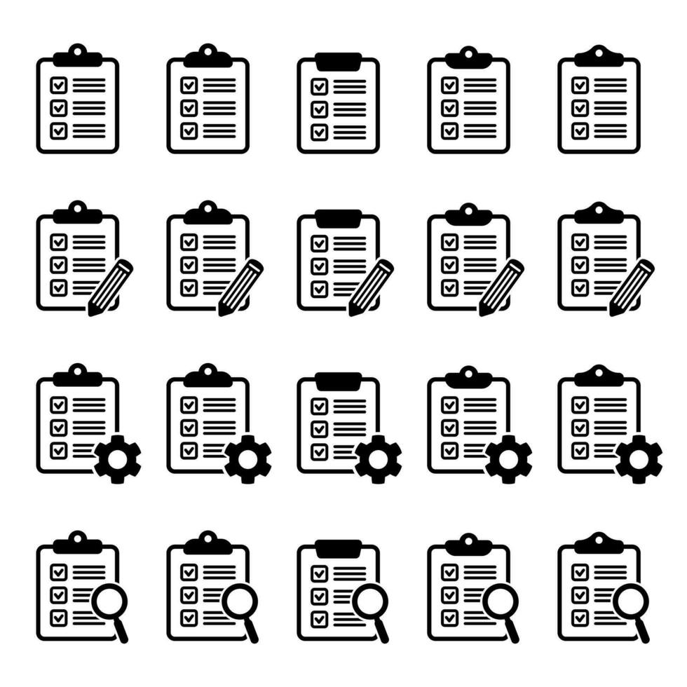 klembord icoon. checklist met versnelling, vergrootglas en potlood. vector illustratie.