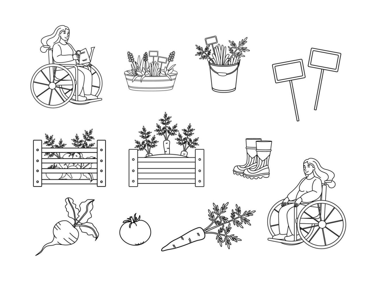 schattig tuinieren elementen - wortels, biet, tomaat, dozen van groenten, planten in emmers, rubber laarzen. een vrouw in een rolstoel is tuinieren. tuinieren en oogsten schets vector set.