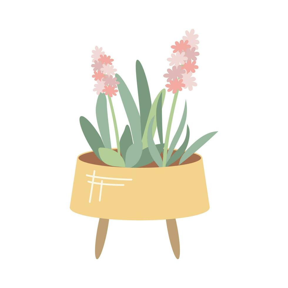 buitenshuis pot met roze hyacint bloemen, tuinieren. vector illustratie van tuin elementen. vlak stijl.