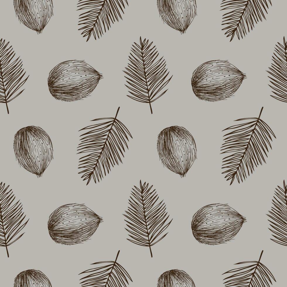 naadloos patroon met kokosnoten en palm bladeren hand- getrokken vector illustratie. herhalen achtergrond met fruit en tropisch fabriek natuur motief. decoratief ornament in boho stijl ontwerp element