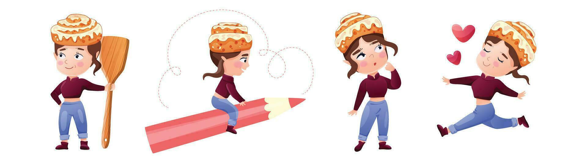 tekens reeks met een kaneel broodje. meisje in verschillend poses met een bun Aan haar hoofd. vector illustratie voor Koken, bakkerij