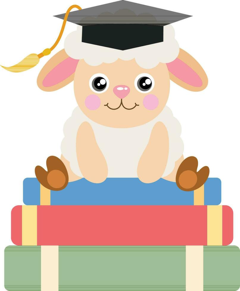 schattig schapen met diploma uitreiking pet zittend Aan top van boeken vector