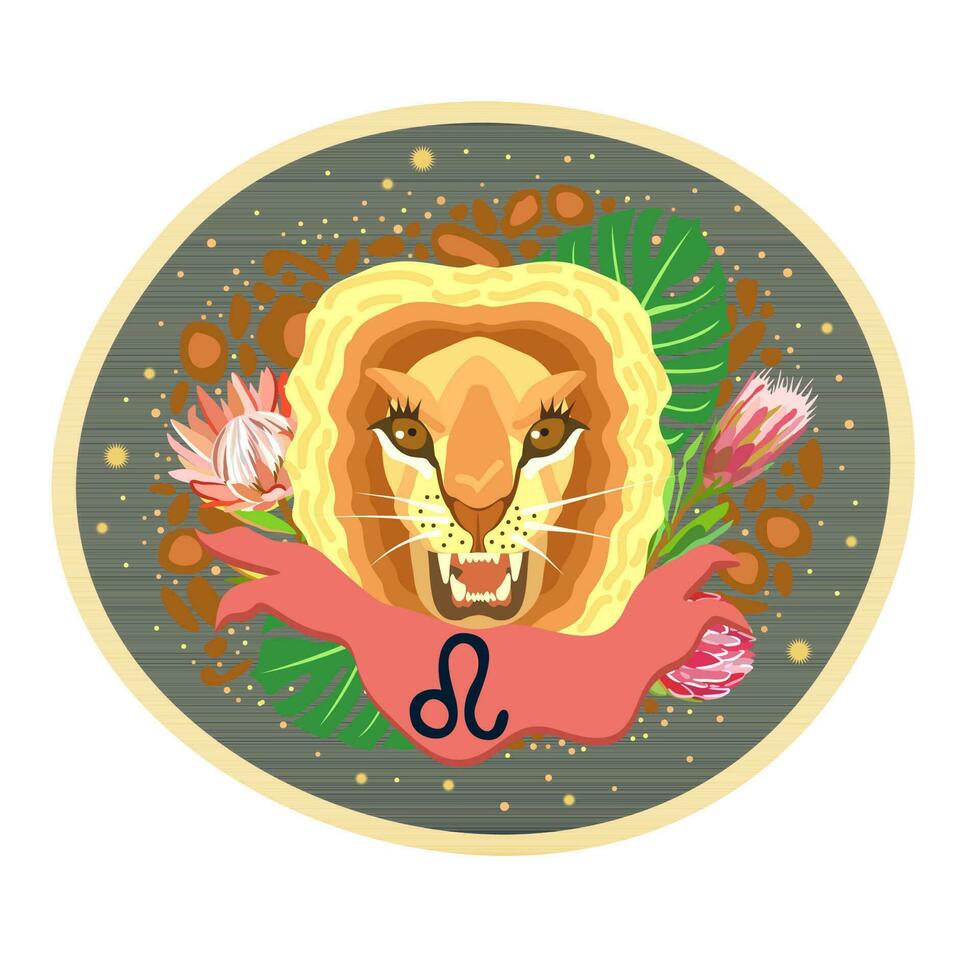 leeuw. dierenriem teken. vector geïsoleerd samenstelling Aan donker blauw achtergrond. horoscoop concept. RAM met gekruld hoorns in bloemen