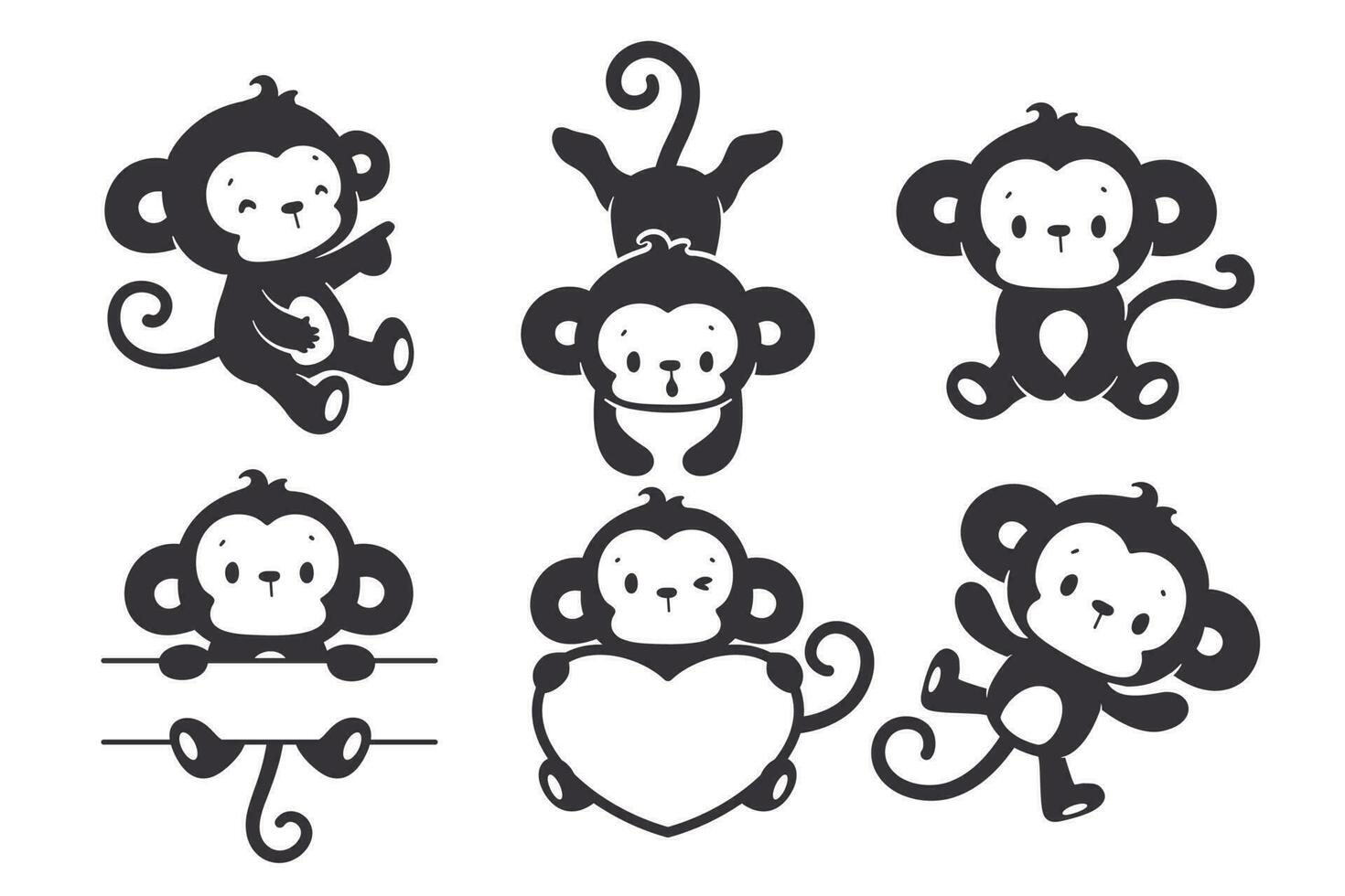 silhouet van een ondeugend weinig aap schattig dier tekenfilms voor kinderen vector
