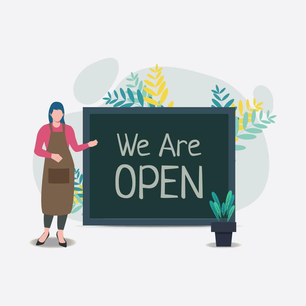 wij zijn open. gastvrij klant over opening cafe of restaurant ontwerp vector illustratie