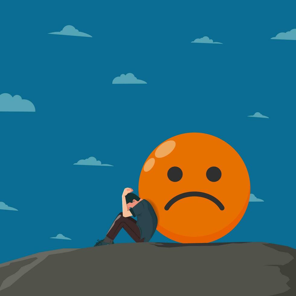 depressief verdrietig Mens met verdrietig emoticon Aan de top van klif. denken over- problemen vector illustratie