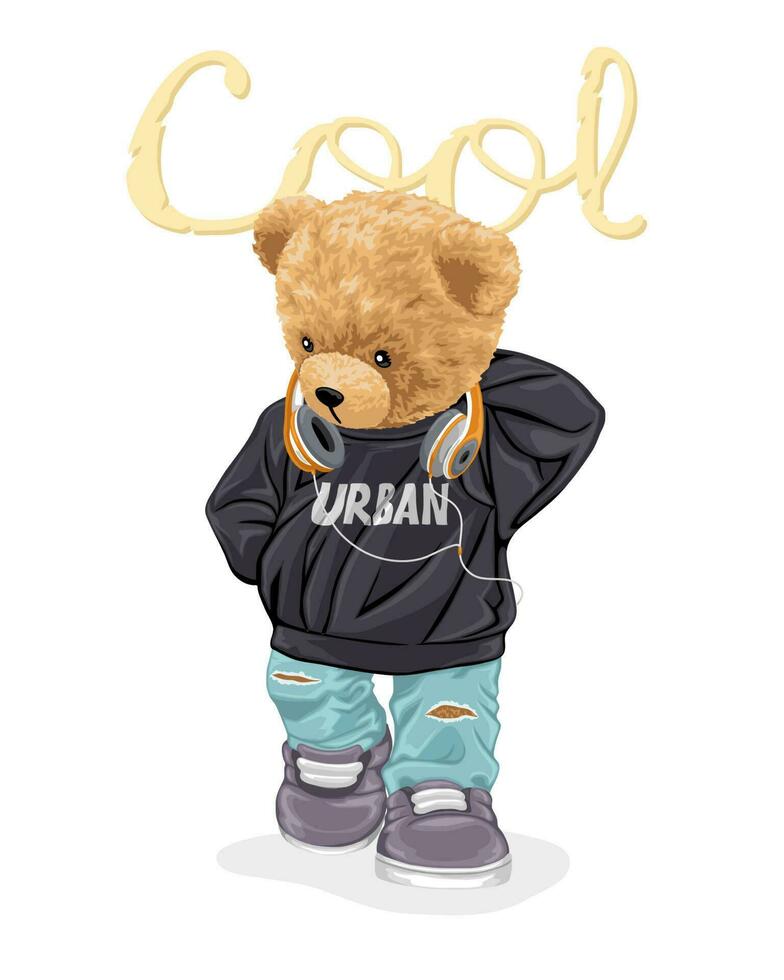 hand- getrokken vector illustratie van koel teddy beer met hoofdtelefoons