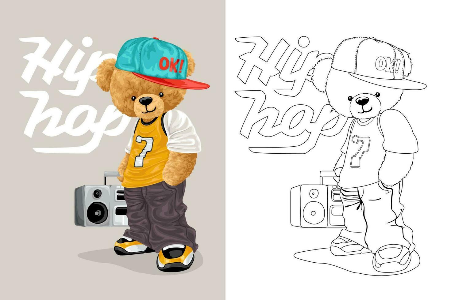 hand- getrokken vector illustratie van teddy beer in heup hop stijl met plakband recorder. kleur boek of bladzijde