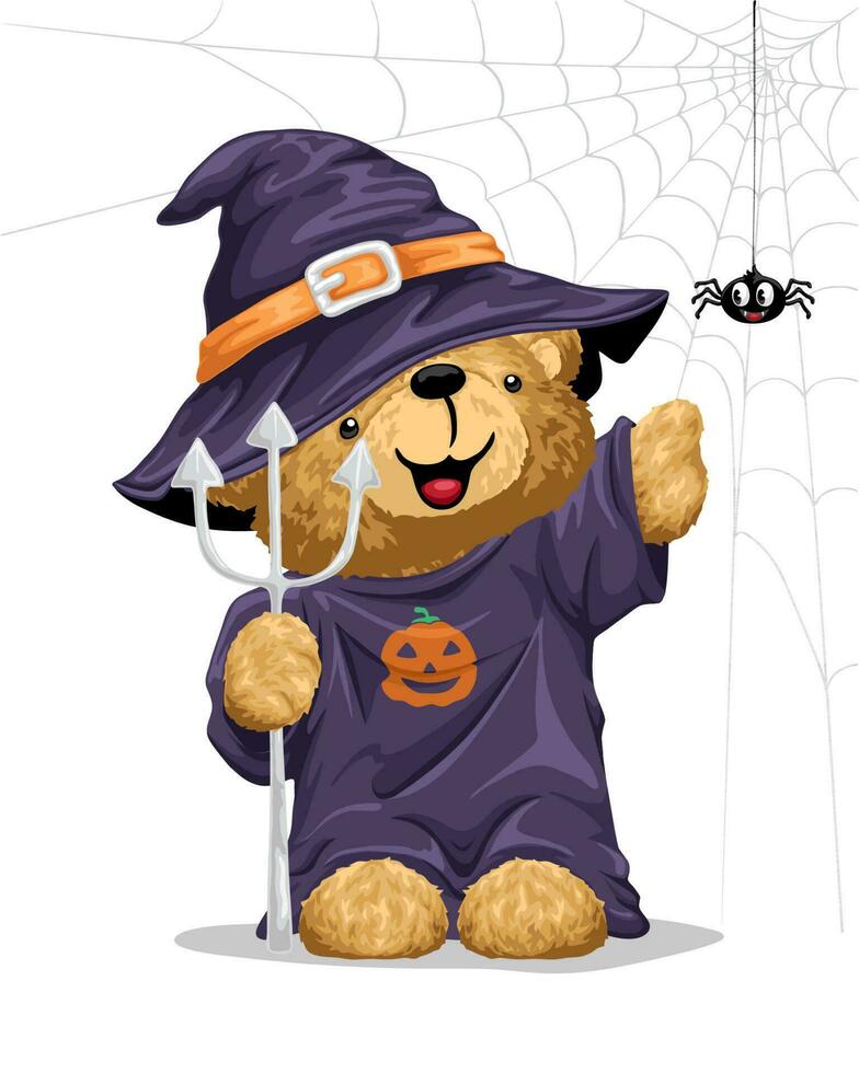 hand- getrokken teddy beer tekenfilm Holding drietand in halloween kostuum met weinig spin vector