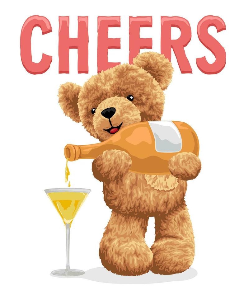 hand- getrokken vector illustratie van teddy beer gieten een drinken in een glas
