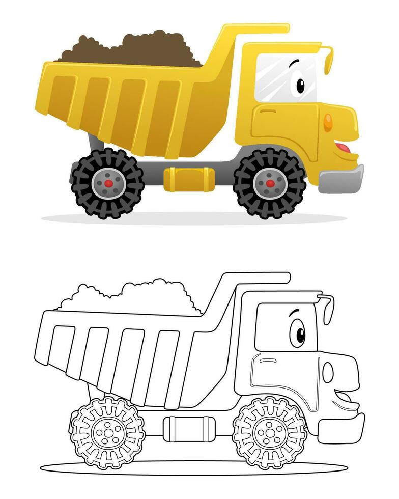 vector illustratie van tekenfilm grappig dump vrachtwagen. kleur boek of bladzijde voor kinderen