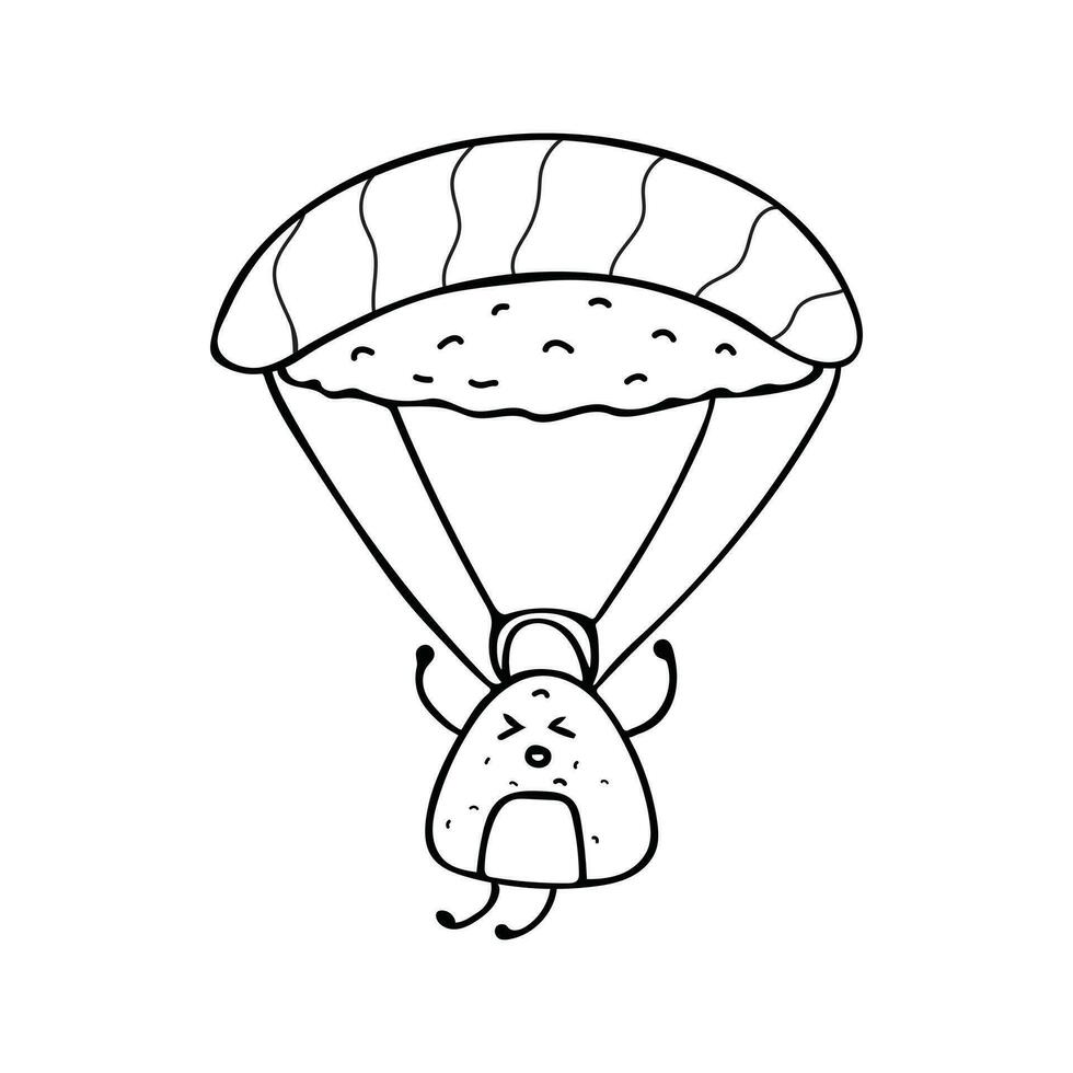 hand- getrokken schattig mascotte tekenfilm rijst- Japans sushi is Parachutespringen vector